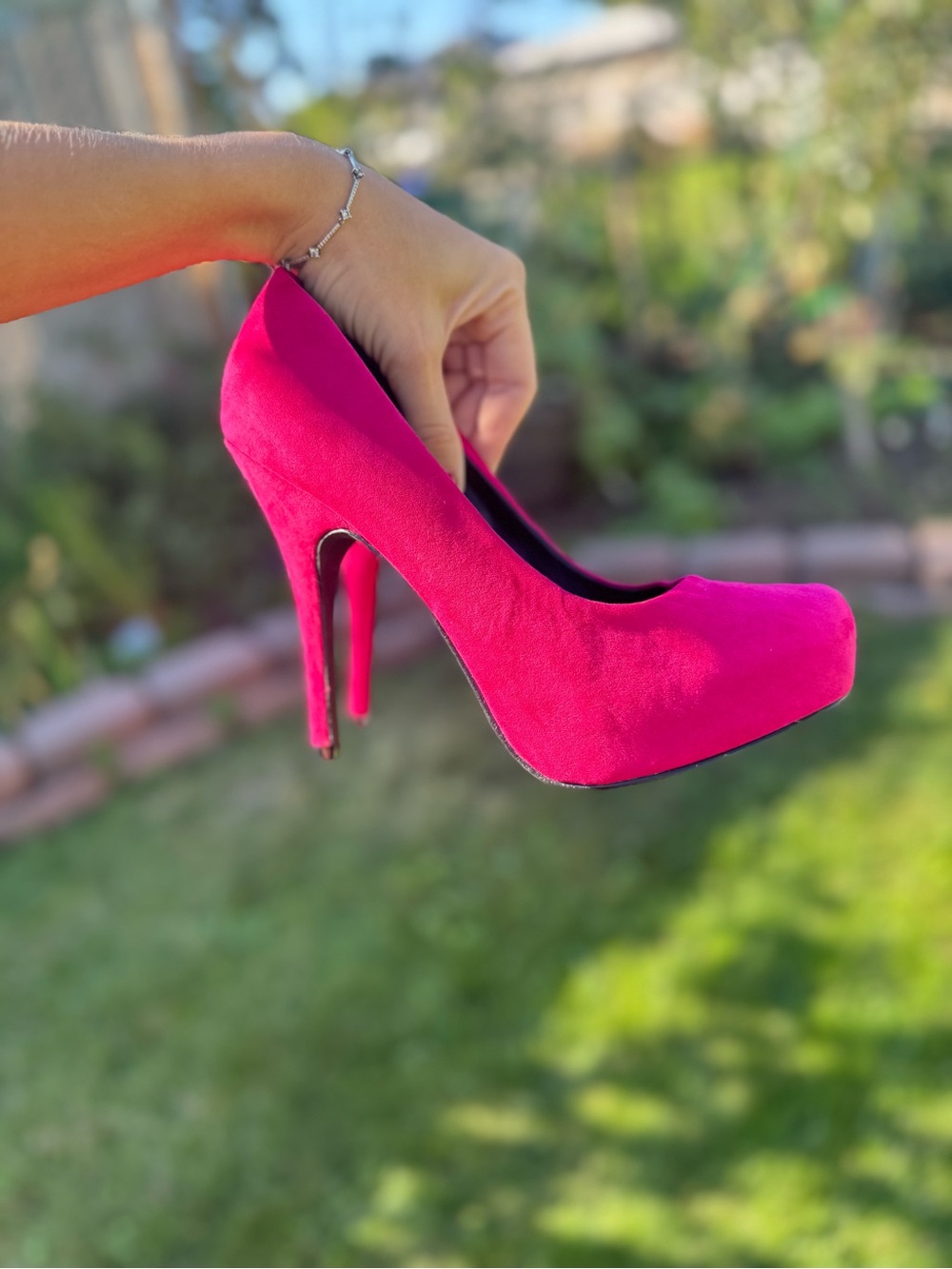 Women's Hot Pink Suede Platform Stiletto Pumps